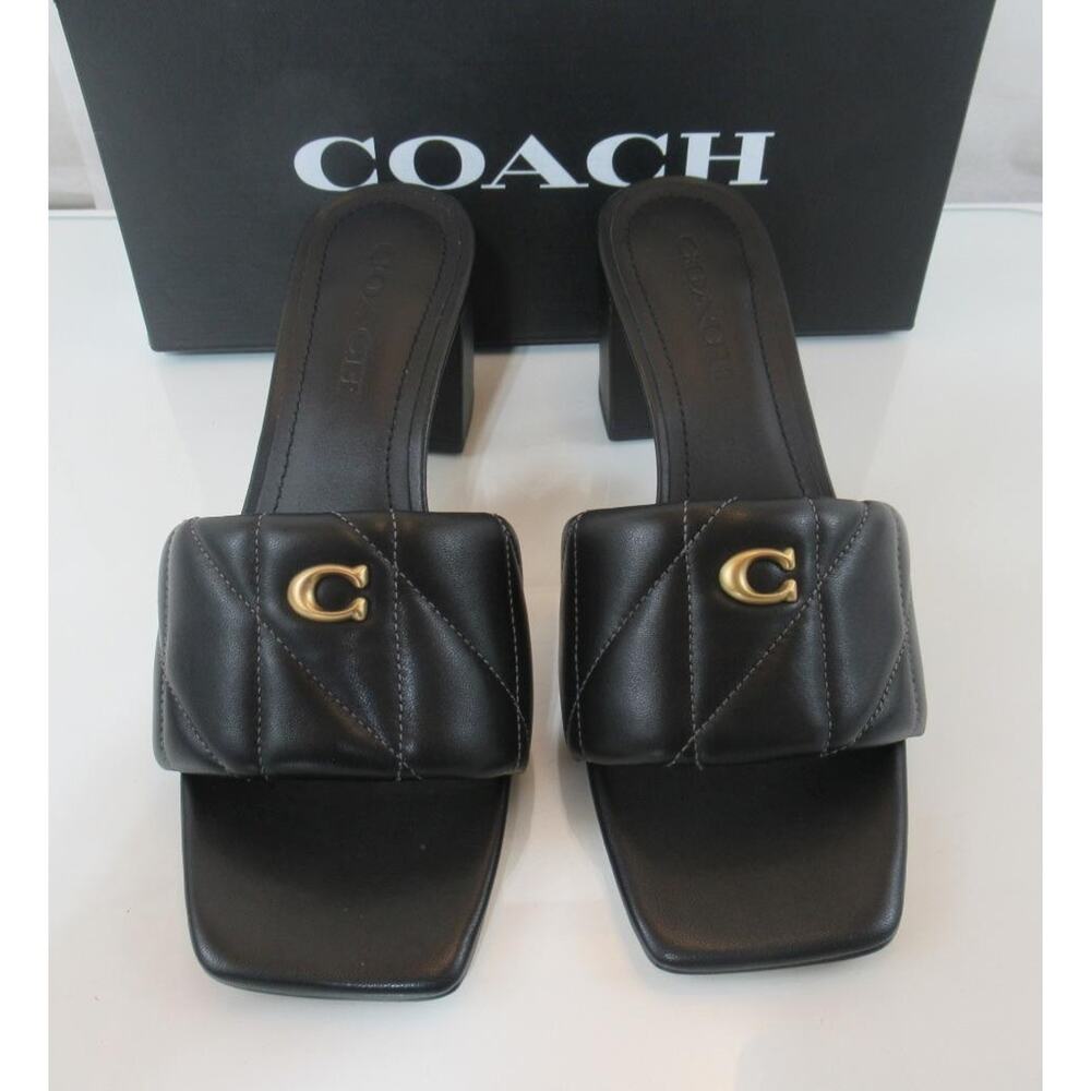 Coach Size 7.5 Holly Block Heel Dress Sandals Quilted Leather Slide Black - Picture 5 of 8